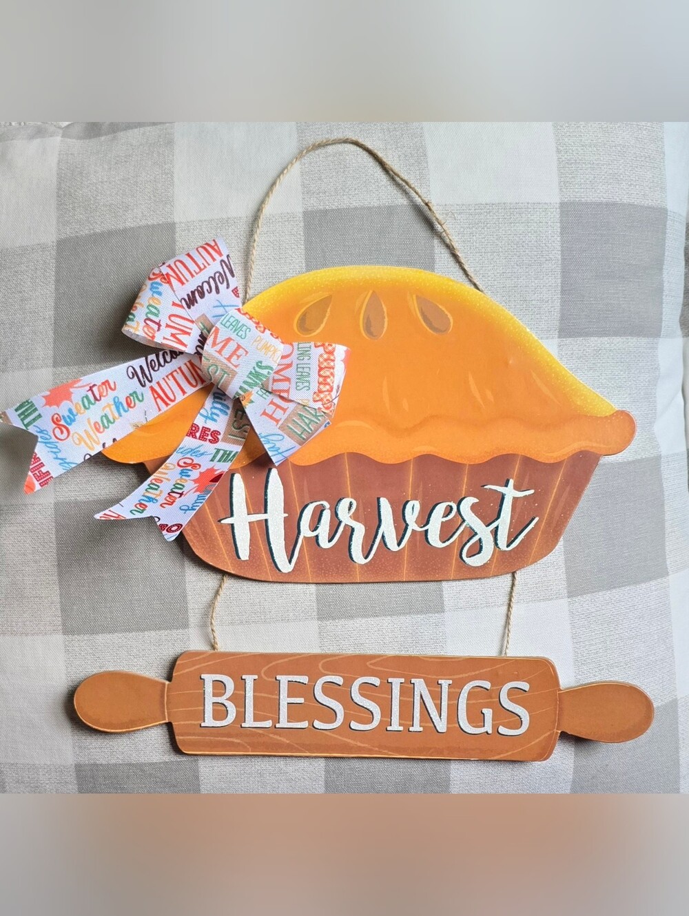 Apple Pie Wall Sign w/ Fall Bow Harvest Blessings Decor Autumn Thanksgiving